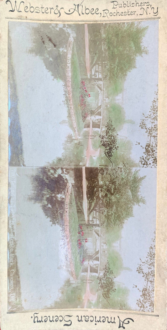 Jefferson Park Island and Bridge - Chicago, Illinois - Stereo View Card - 1890s Antique