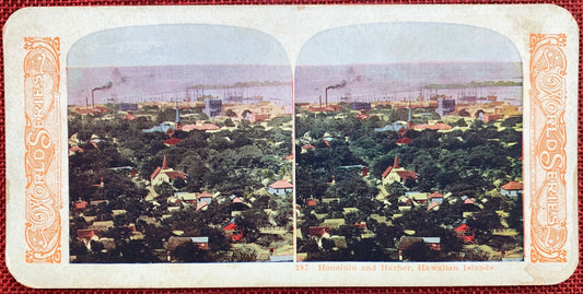 Honolulu and Harbor - Hawaiian Islands - Rare Vintage Stereo Card - Early 1900s