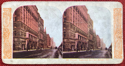 Auditorium Hotel and Michigan Avenue - Chicago, Illinois - Vintage Stereo View Card 1905