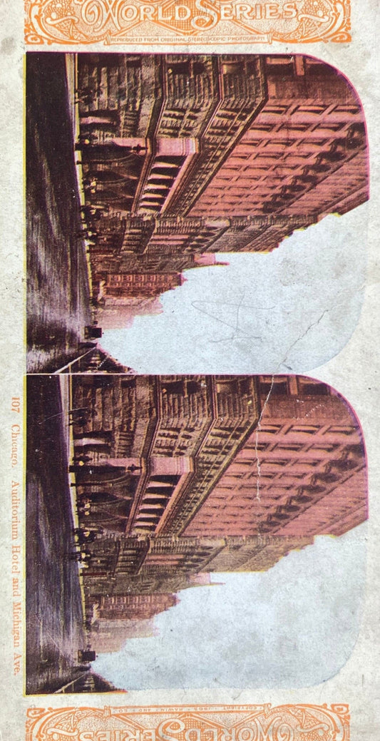 Auditorium Hotel and Michigan Avenue - Chicago, Illinois - Vintage Stereo View Card 1905