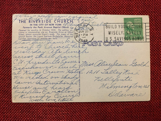 Riverside Church, New York City, New York - Vintage Linen Postcard 1940s