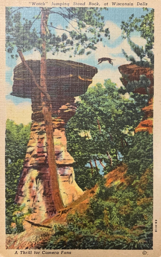 Watch Jumping Stand Rock, at Wisconsin Dells, Wisconsin - Vintage Linen Postcard 1940s