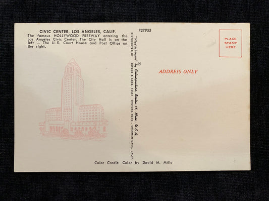 This postcard features a photograph of the Hollywood Freeway and Los Angeles Civic Center in Los Ang