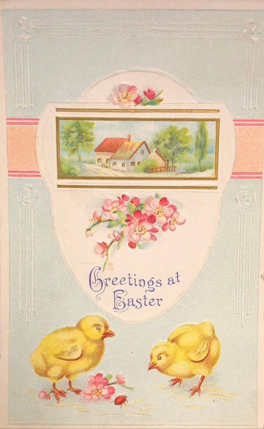 Easter Postcard With Chicks And Flowers Vintage Holiday