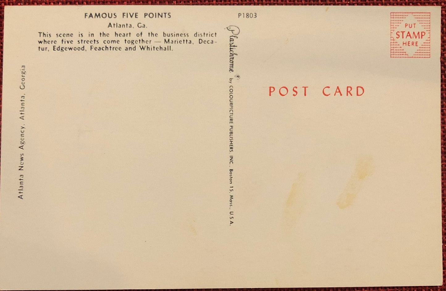 Famous Five Points Atlanta, Georgia Vintage Postcard