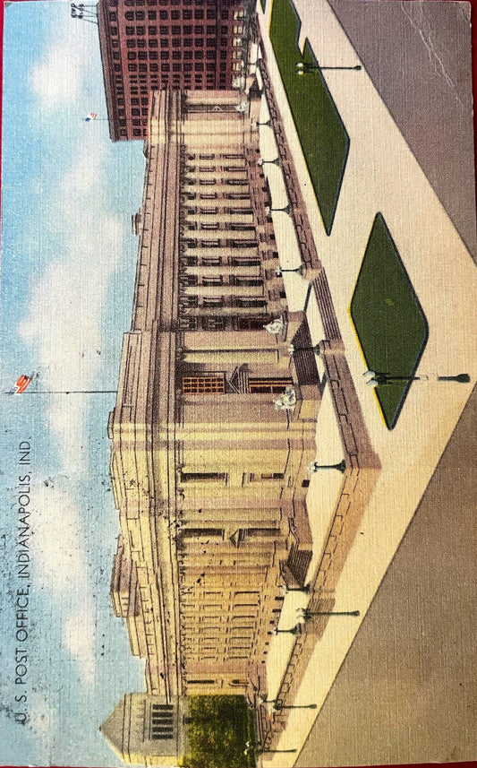 US Post Office, Indianapolis, Indiana - Vintage Linen Postcard 1940s
