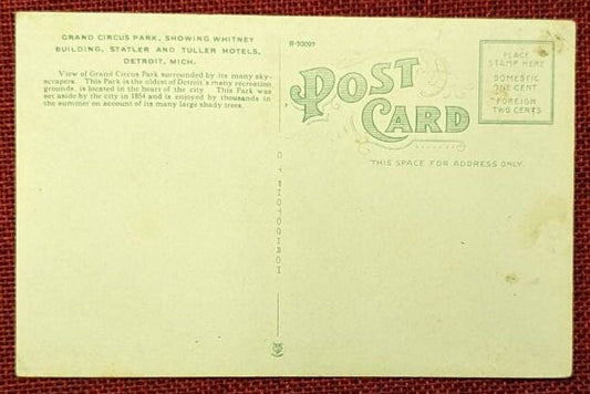 This postcard shows the Whitney building, Fyfe Building, Statler and Tuller Hotels in Detroit, Michi