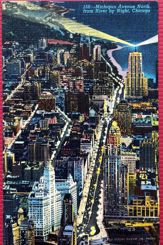 Michigan Avenue North from River by Night, Chicago, Illinois - 1942 Linen Postcard