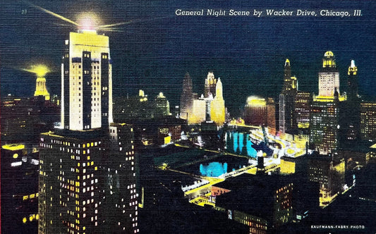 General Night Scene - Wacker Drive - Chicago, Illinois - 1940s Linen Postcard