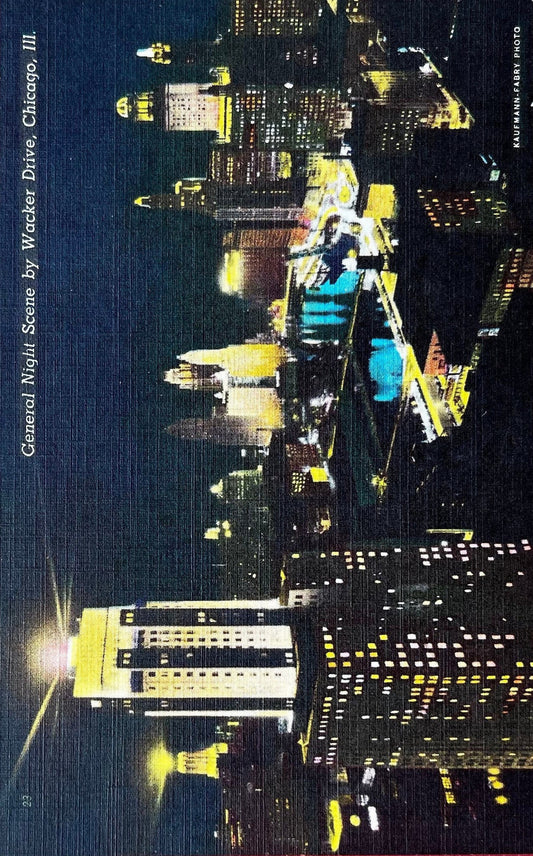 General Night Scene - Wacker Drive - Chicago, Illinois - 1940s Linen Postcard