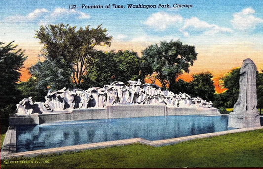 Fountain of Time - Washington Park, Chicago, Illinois - 1940s Linen Postcard