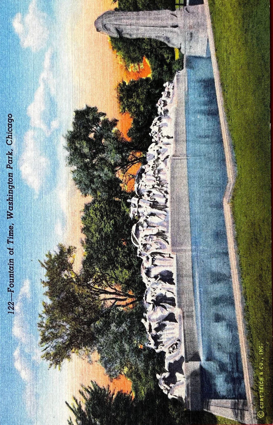 Fountain of Time - Washington Park, Chicago, Illinois - 1940s Linen Postcard