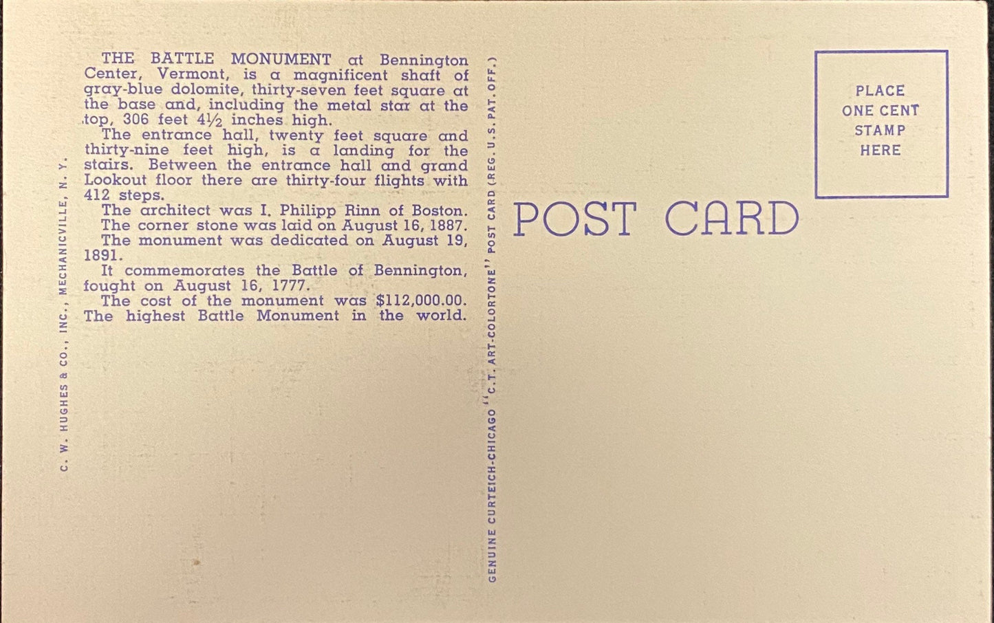 Battle Monument and Col. Seth Warner Monument, Bennington Center, Vermont - 1936 Linen Postcard