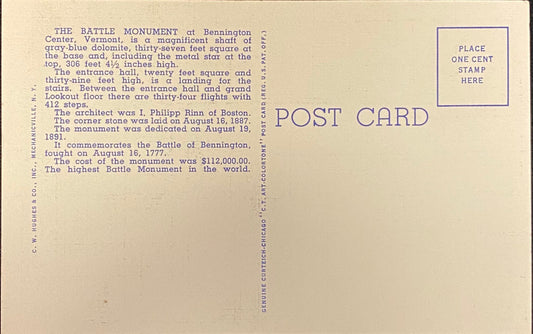 Battle Monument and Col. Seth Warner Monument, Bennington Center, Vermont - 1936 Linen Postcard