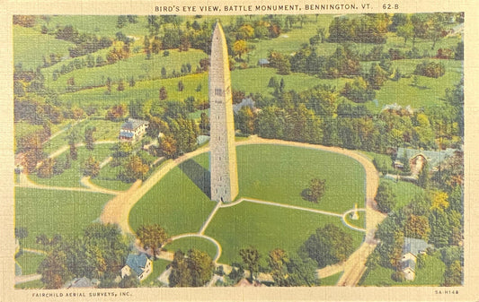 Bird's Eye View, Battle Monument, Bennington, Vermont - 1935 Linen Postcard