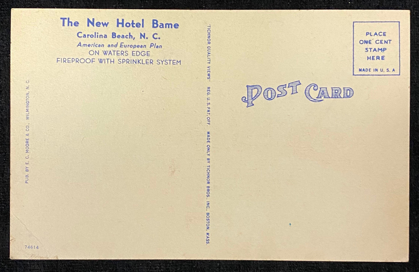 Hotel Bame - Carolina Beach, North Carolina - 1930s Linen Postcard
