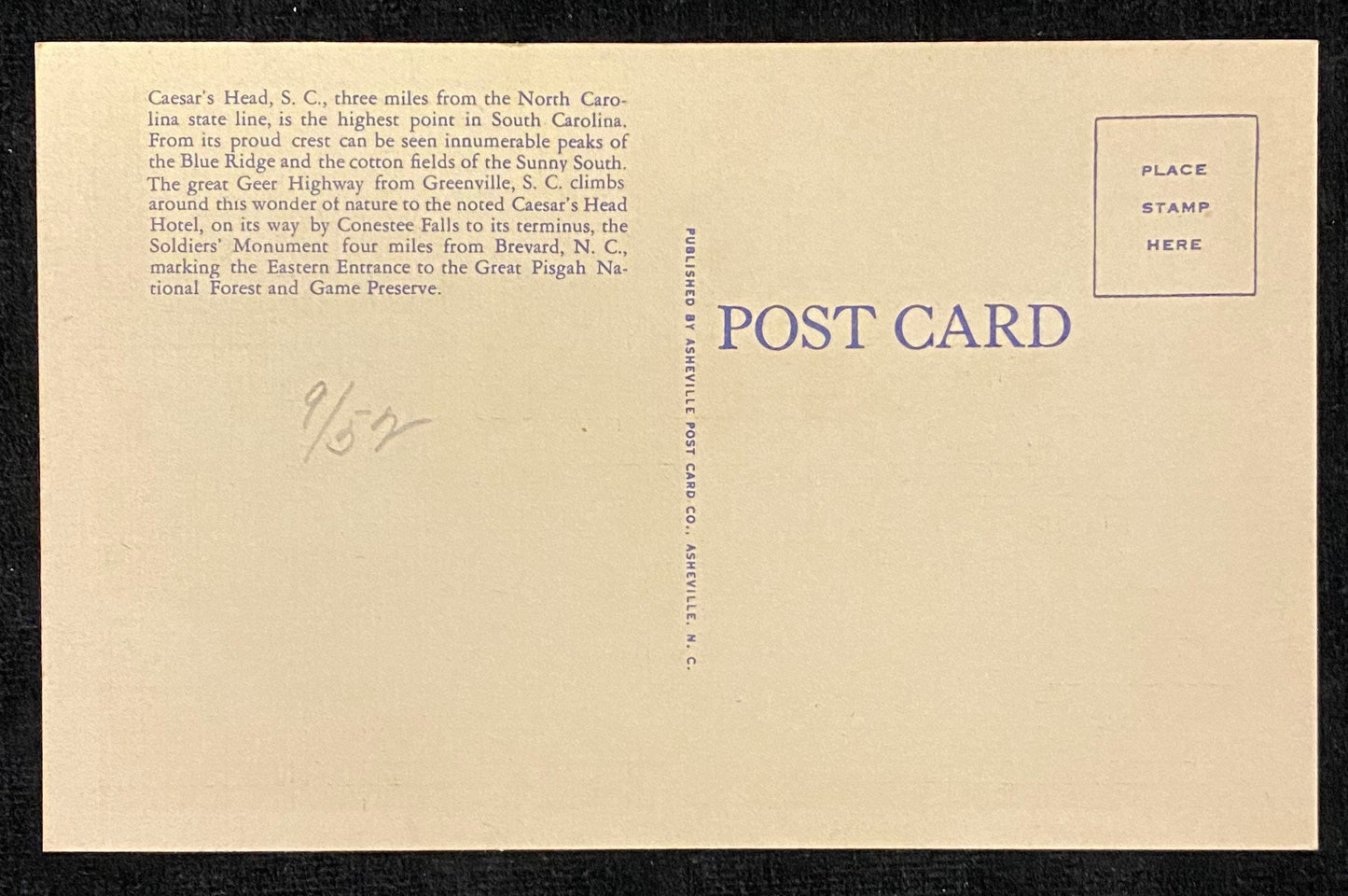 Caesar's Head, South Carolina - Alt. 3,227 Feet - Near North Carolina State Line - 1940s Linen Postcard