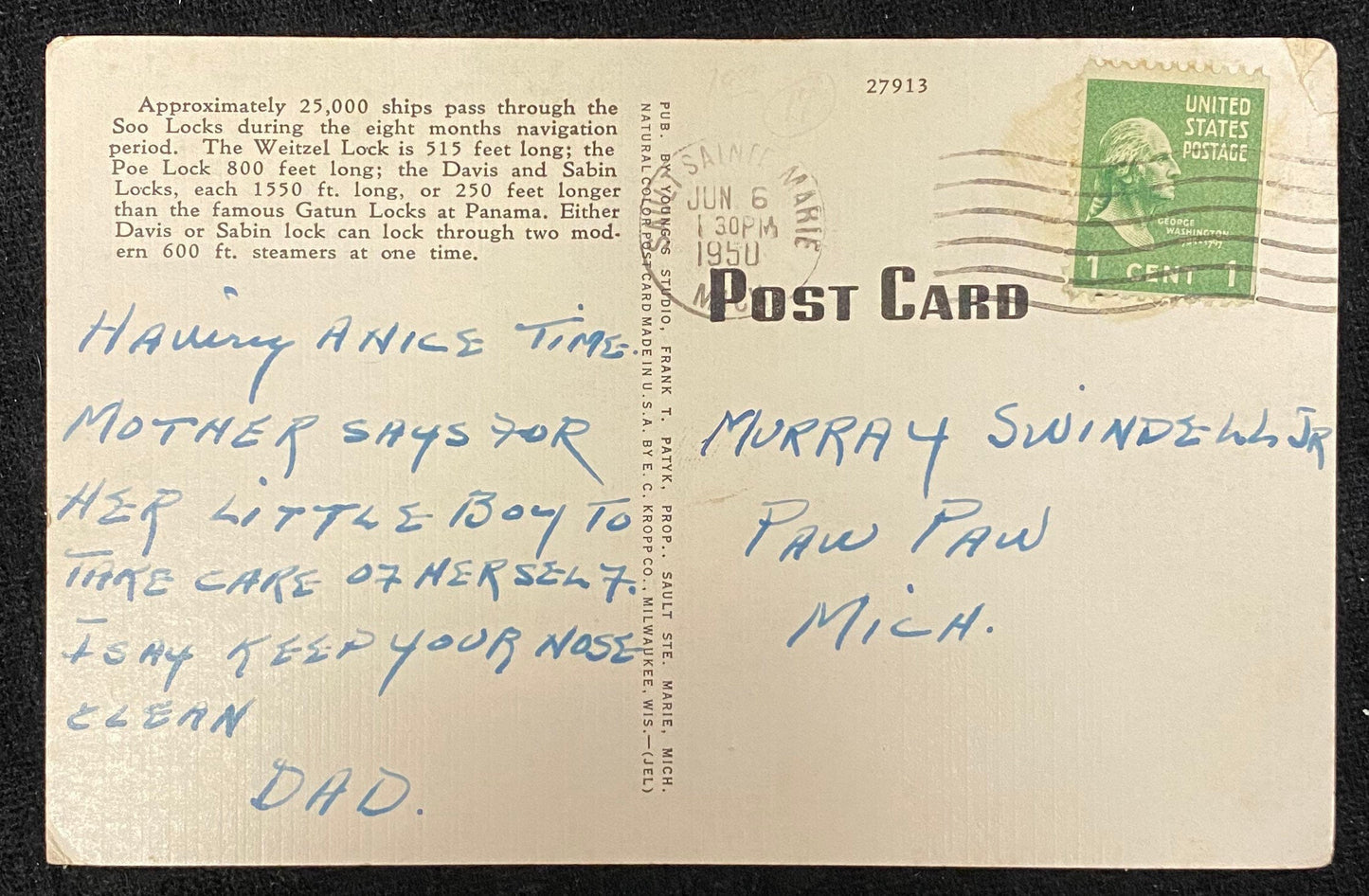 Freighters Waiting Their Turn to Enter the Locks - Sault Ste. Marie, Michigan - 1940s Linen Postcard