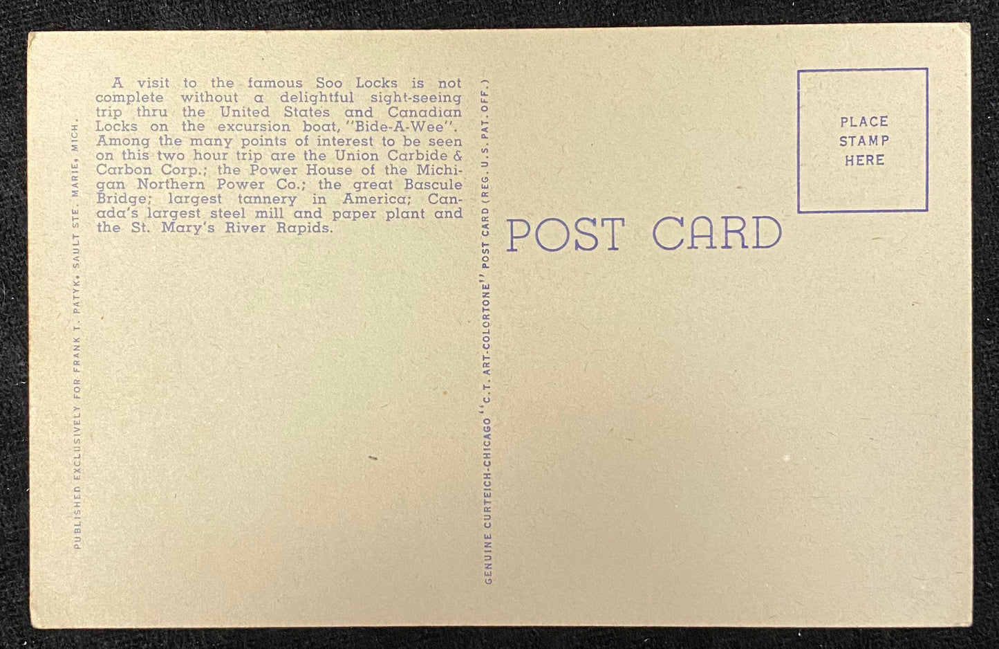 Excursion Boat - "Bide-a-Wee" - Soo Locks - Sault Ste. Marie, Michigan - 1949 Linen Postcard