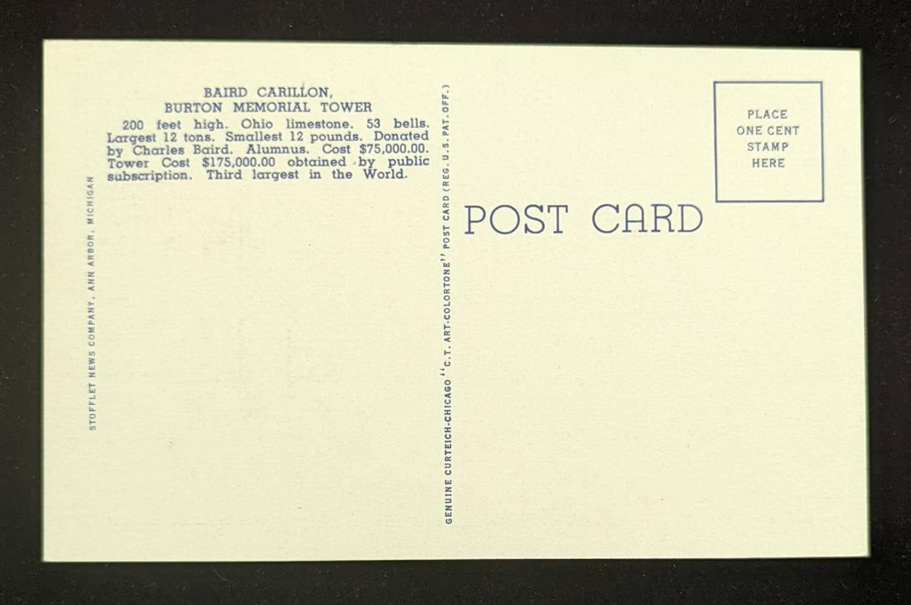Baird Carillon - Burton Memorial Tower - Ann Arbor, Michigan - 1940s Linen Postcard