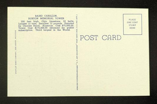 Baird Carillon - Burton Memorial Tower - Ann Arbor, Michigan - 1940s Linen Postcard