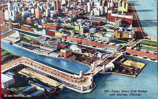 Outer Drive Link Bridge and Skyline - Chicago, Illinois - 1941 Linen Postcard