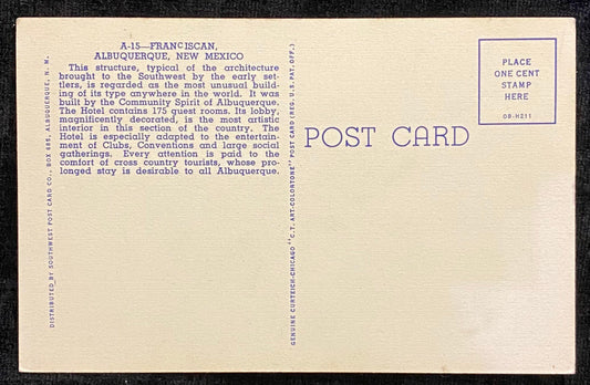 Franciscan Hotel - Albuquerque, New Mexico - 1940 Linen Postcard