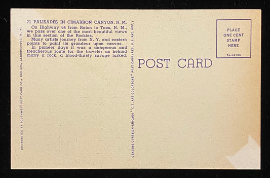 Palisades in Cimarron Canyon, New Mexico - 1937 Linen Postcard