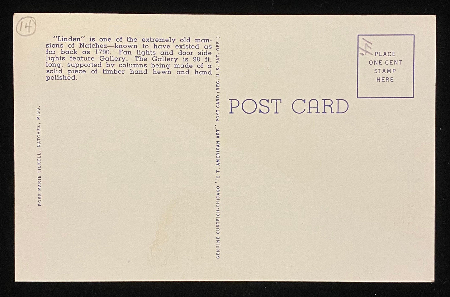 Linden, Home of Mr. A.M. Feltus, Natchez, Mississippi - 1940 Linen Postcard