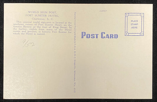 World Sign Post - Fort Sumter Hotel - Charleston, South Carolina - 1940s Linen Postcard