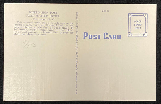 World Sign Post - Fort Sumter Hotel - Charleston, South Carolina - 1940s Linen Postcard