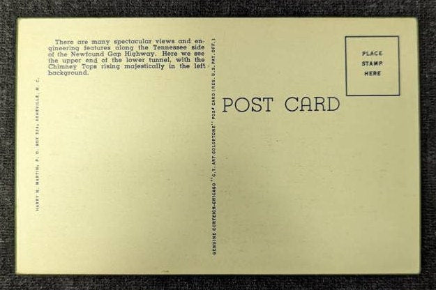 The Lower Tunnel - Chimney Tops - Great Smoky Mountains National Park - Tennessee - 1940s Linen Postcard