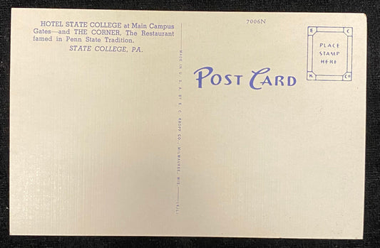 Hotel State College - State College, Pennsylvania - 1940s Linen Postcard