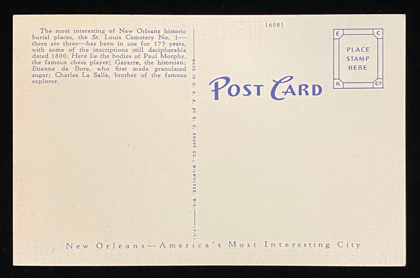 Old St. Louis Cemetery - New Orleans, Louisiana -  1940s Linen Postcard