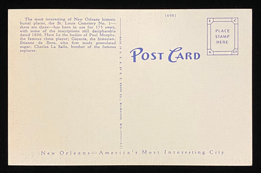 Old St. Louis Cemetery - New Orleans, Louisiana -  1940s Linen Postcard