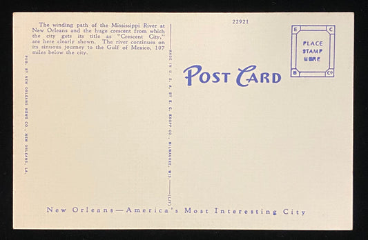 Mississippi River Crescent, New Orleans, Louisiana - 1940s Linen Postcard