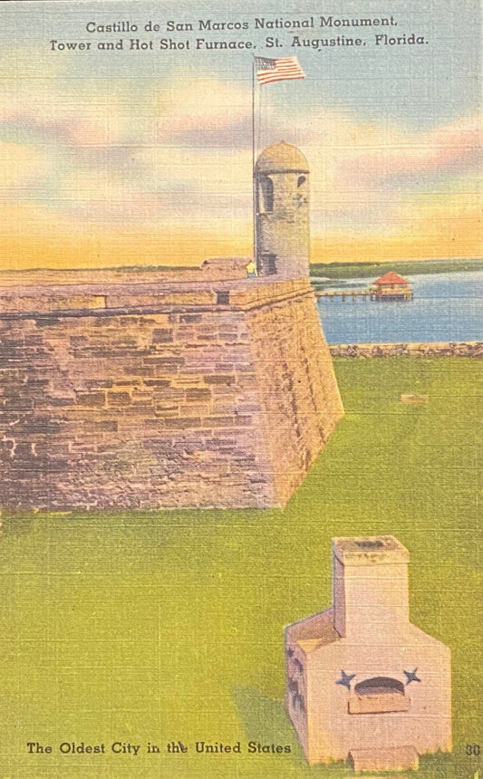 Castillo de San Marcos National Monument - Tower and Hot Shot Furnace - St. Augustine, Florida - 1940s Linen Postcard