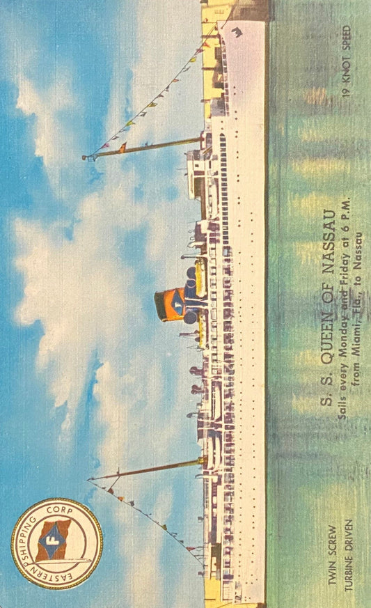 S.S. Queen of Nassau - Miami, Fla., to Nassau - 1940s Linen Postcard