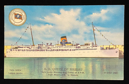 S.S. Queen of Nassau - Miami, Fla., to Nassau - 1940s Linen Postcard