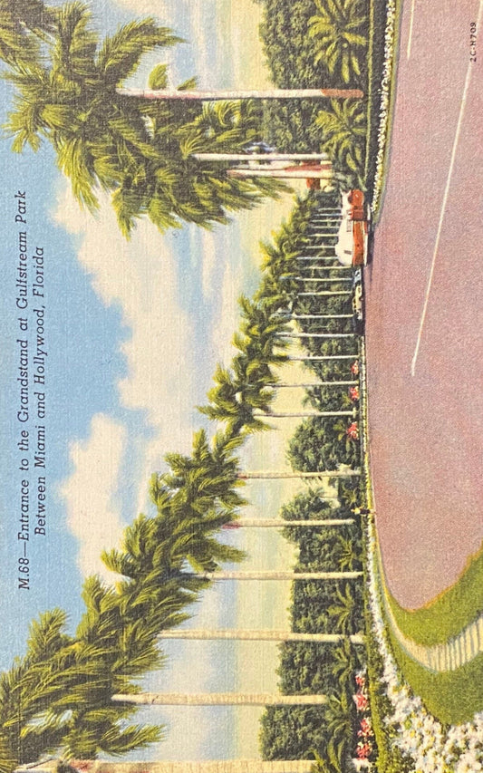 Entrance to the Grandstand at Gulfstream Park Between Miami and Hollywood, Florida - Vintage Postcard