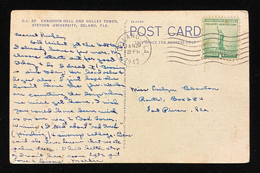 Chaudoin Hall and Hulley Tower - Stetson University - Deland, Florida - 1942 Linen Postcard