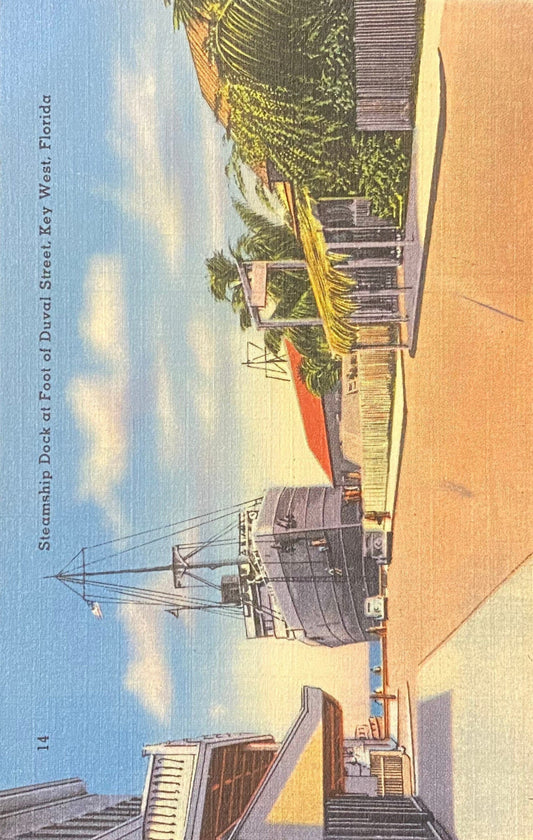 Steamship Dock at Foot of Duval Street  - Key West, Florida - 1940s Linen Postcard
