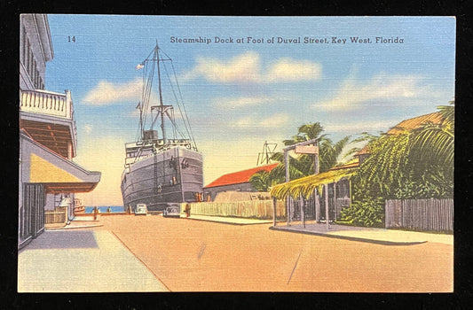 Steamship Dock at Foot of Duval Street  - Key West, Florida - 1940s Linen Postcard