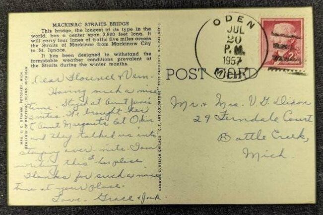 Mackinac Straights Bridge - Mackinac, Michigan - 1940s Linen Postcard