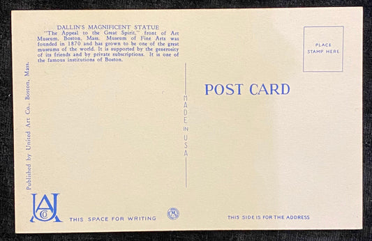 The Appeal to the Great Spirit - Indian Statue Front of Art Museum - Boston, Massachusetts - 1940s Linen Postcard