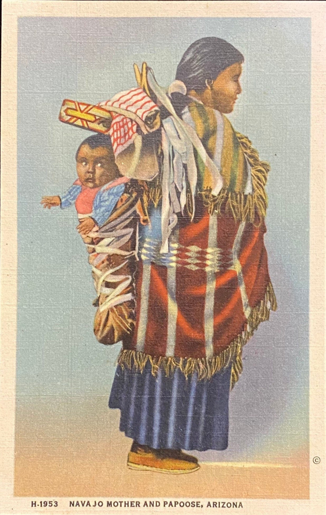 Navajo Mother and Papoose, Arizona - 1937 Linen Postcard