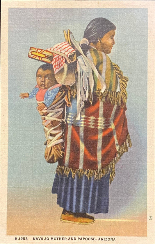 Navajo Mother and Papoose, Arizona - 1937 Linen Postcard