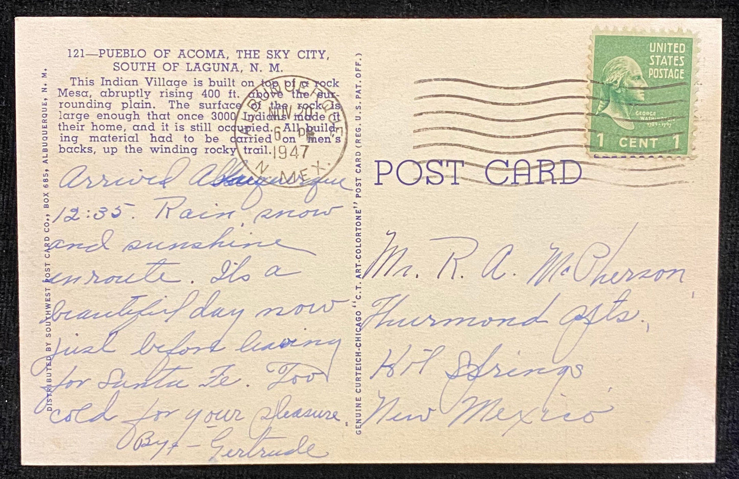 Pueblo of Acoma - The Sky City, South of Laguna, New Mexico - 1940s Linen Postcard