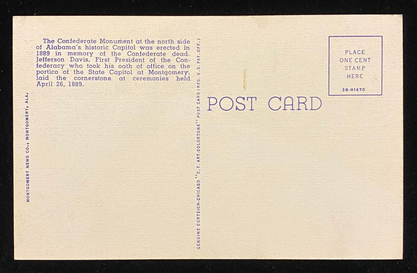 Confederate Monument - Montgomery, Alabama - 1943 Linen Postcard
