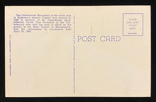 Confederate Monument - Montgomery, Alabama - 1943 Linen Postcard